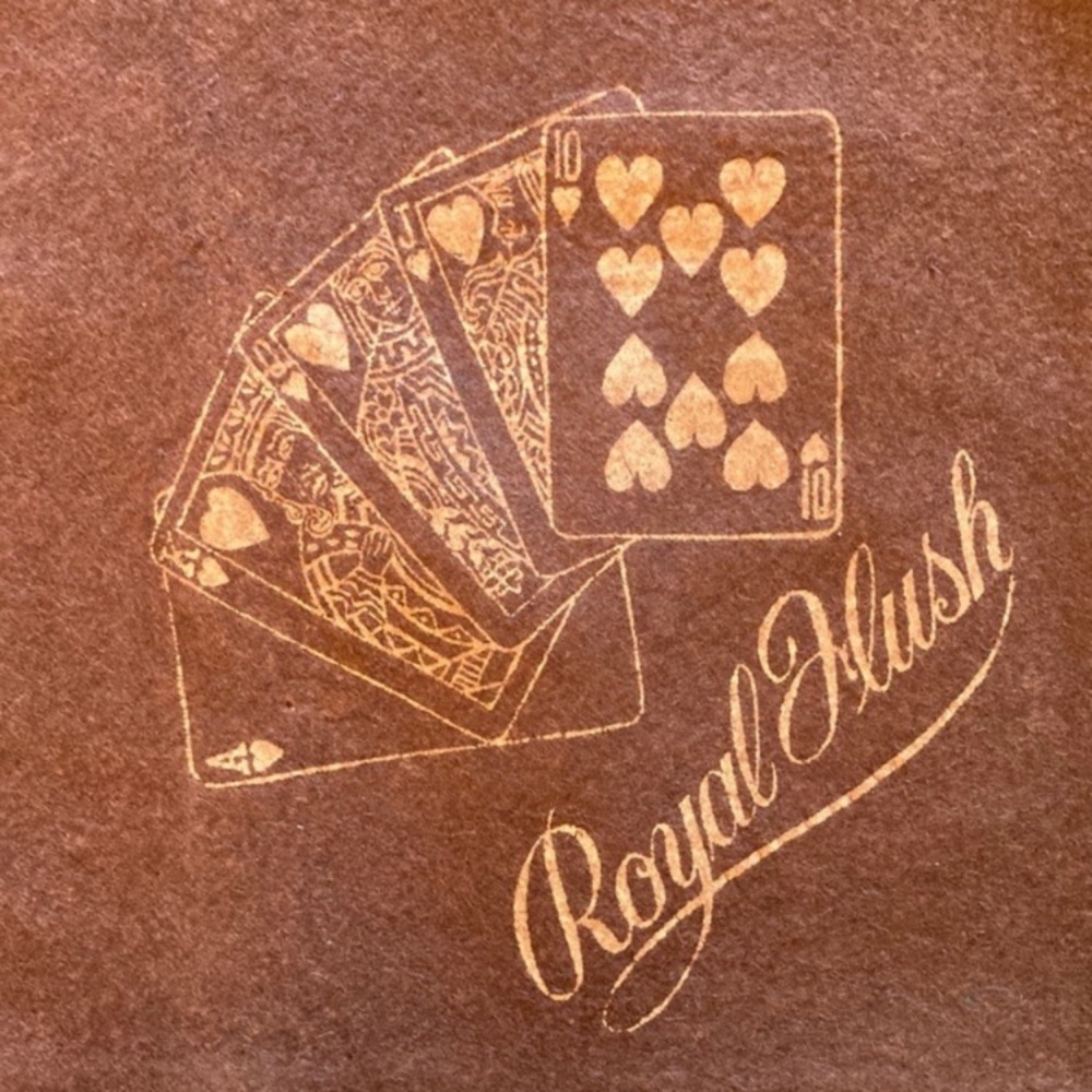 Vintage card table cover, wool felt, Royal Flush, 29” x 28.5”